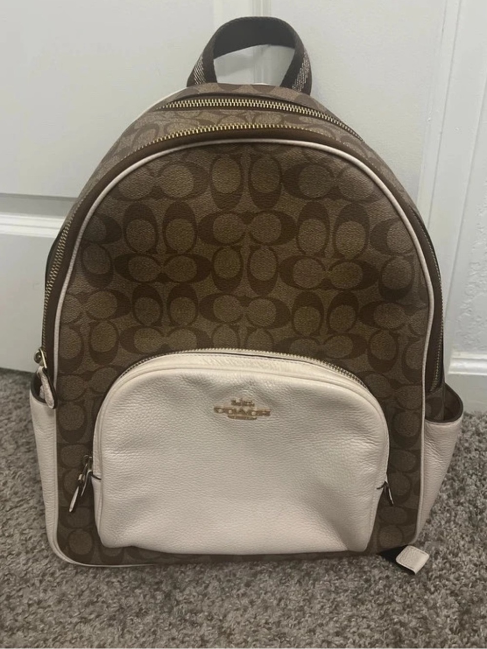COACH Women's Court Backpack Signature Canvas Two Tone Khaki White 5671